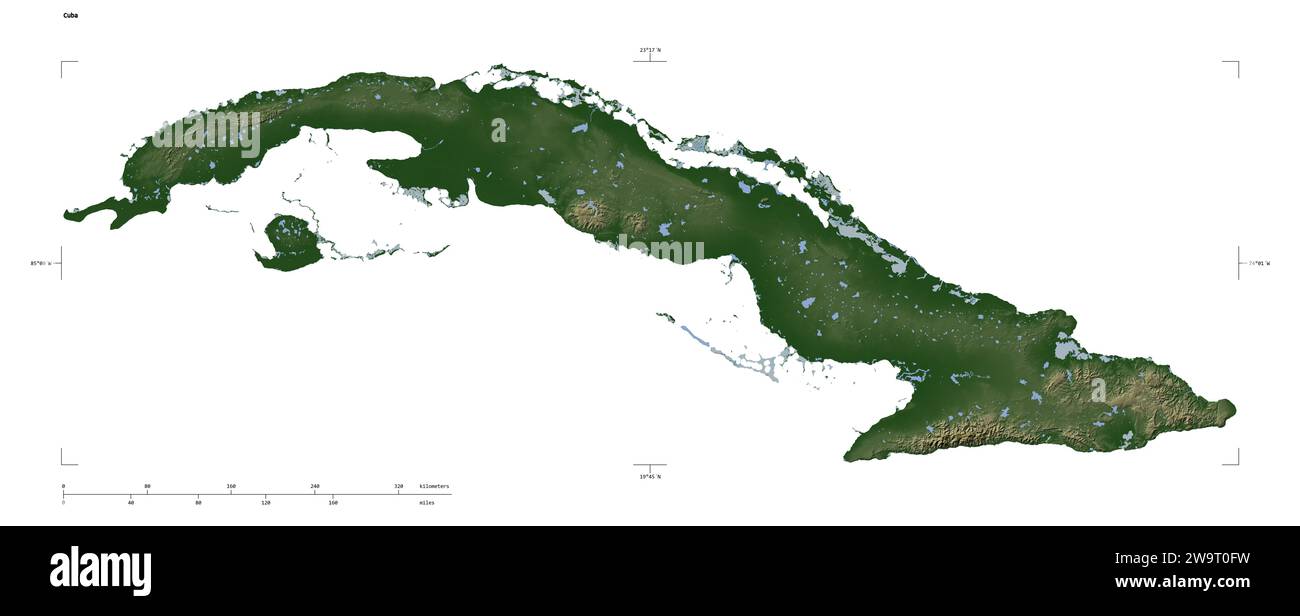Shape Of A Pale Colored Elevation Map With Lakes And Rivers Of The Cuba Shape Of A Pale Colored Elevation Map With Lakes And Rivers Of The Cuba With Distance Scale And Map Border Coordinates Isolated On White 2W9T0FW 