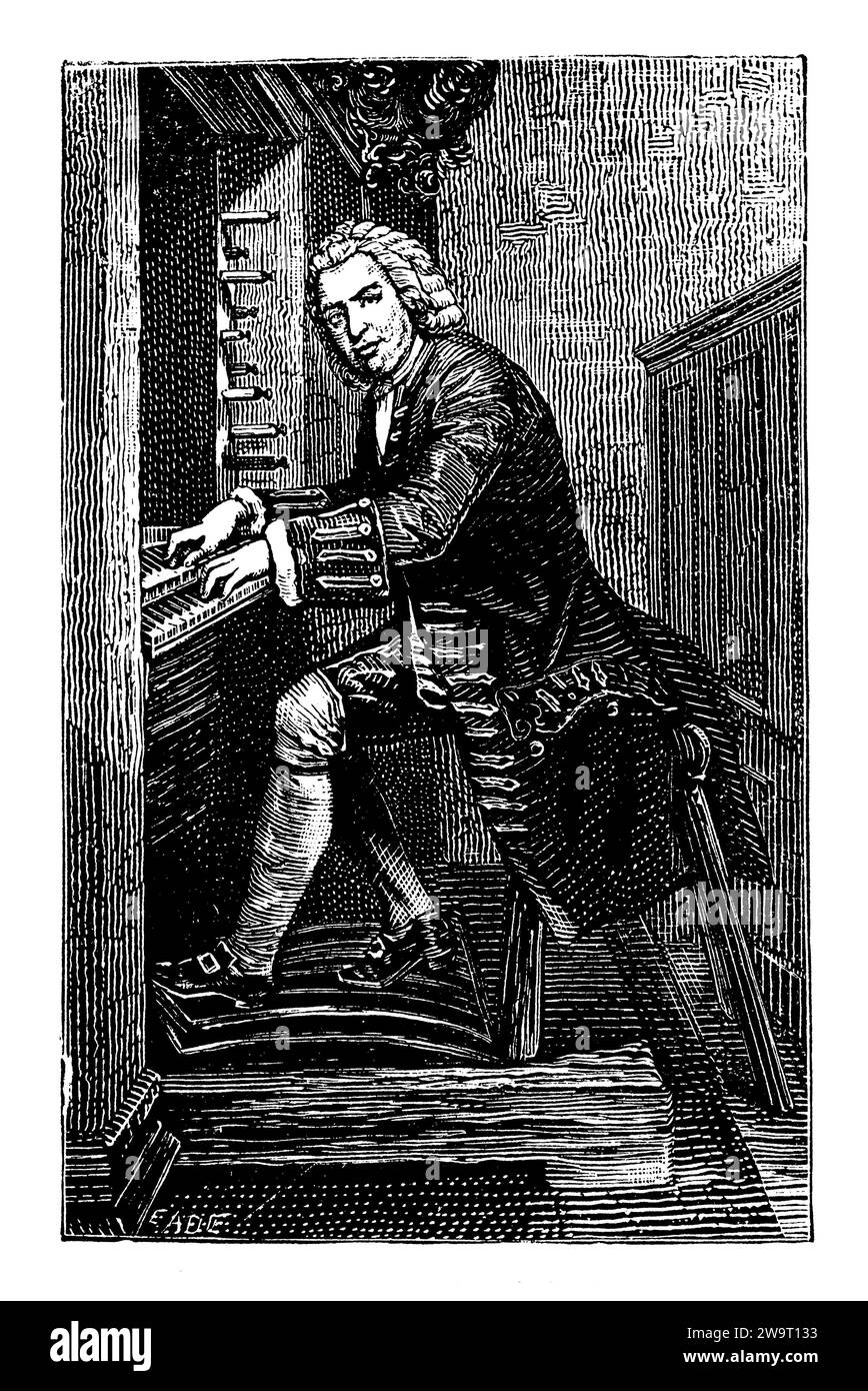 Johann Sebastian Bach (1685-1750), German baroque composer, organist and harpsichordist at the organ, ,  (picture book, 1881), Johann Sebastian Bach (1685-1750), deutscher Komponist des Barock, Organist und Cembalist an der Orgel, Johann Sebastian Bach (1685-1750), compositeur allemand de l'époque baroque, organiste et claveciniste à l'orgue Stock Photo