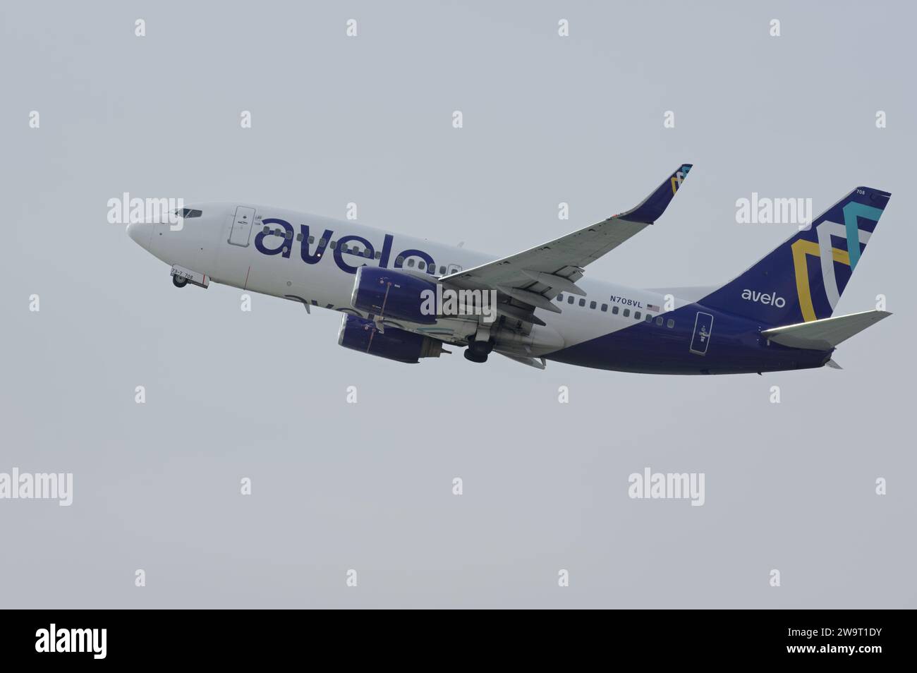N708VL Avelo Airlines Boeing 7377 shown taking off from Hollywood