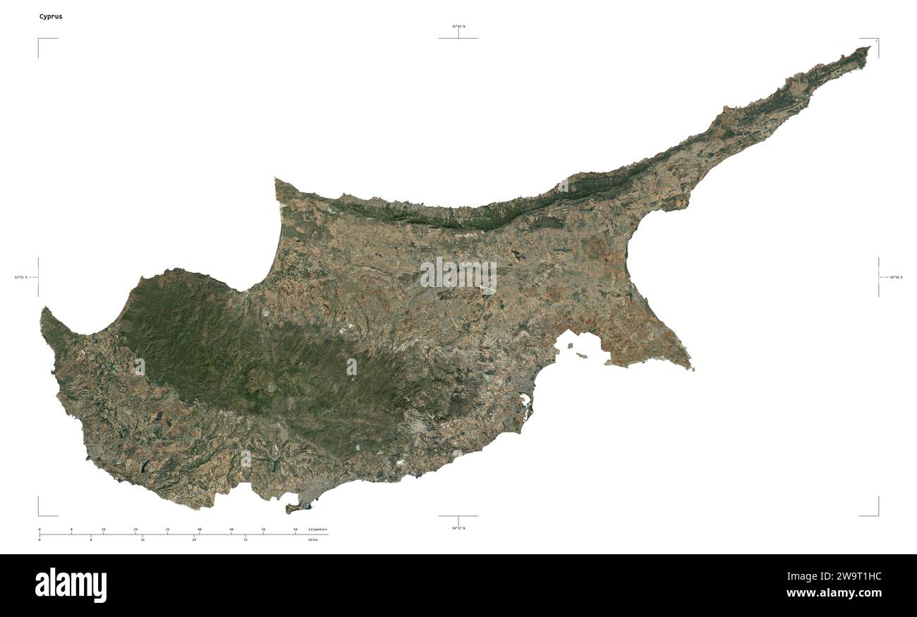 Shape of a high resolution satellite map of the Cyprus, with distance scale and map border coordinates, isolated on white Stock Photo