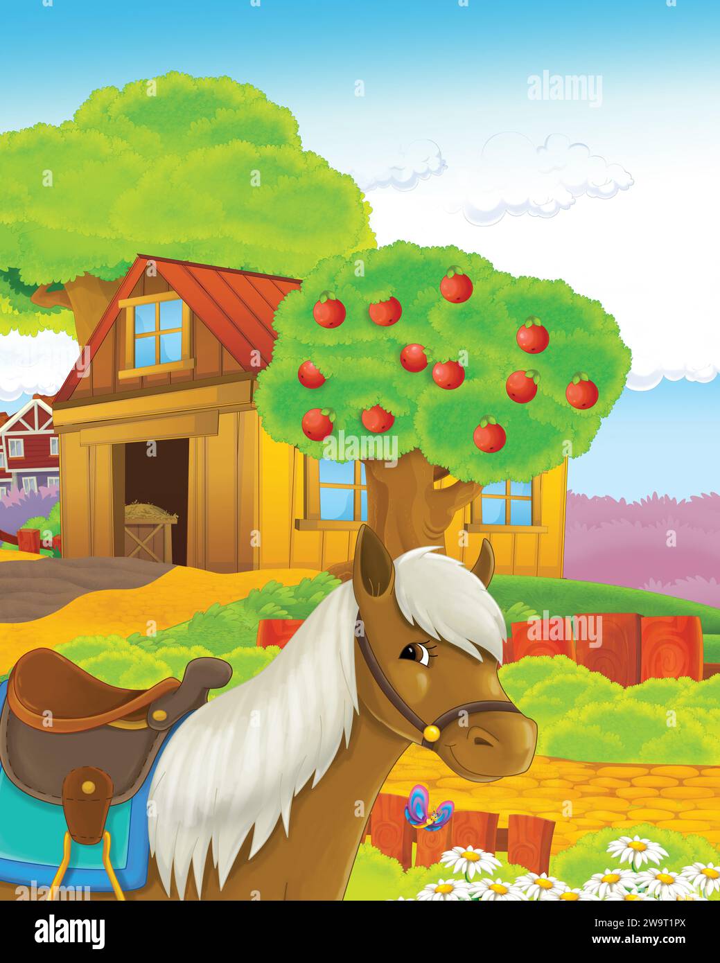 cartoon scene with happy horse on the farm standing and looking ...