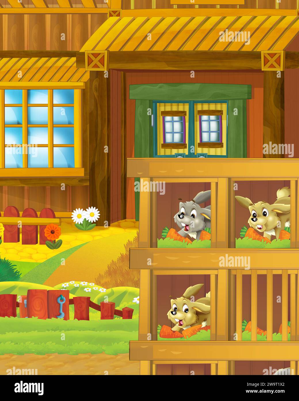 Cartoon farm scene with animal rabbit having fun on the farm ranch - illustration for children Stock Photo