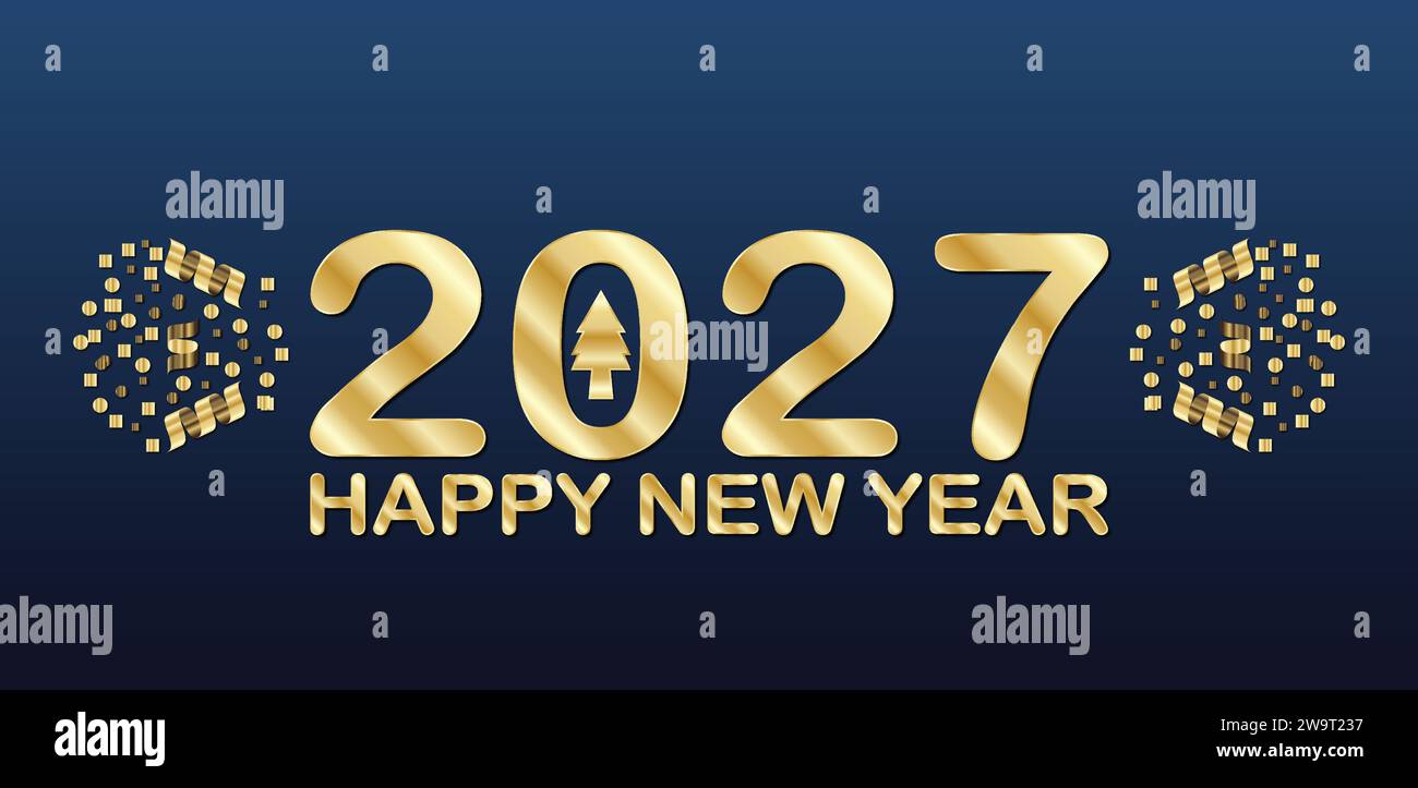 2027 Happy New Year greeting card. Golden text on blue background