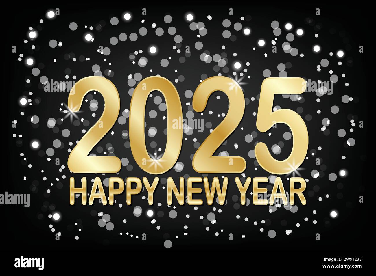 2025 Happy New Year Greeting Card. Gold text on a dark background with