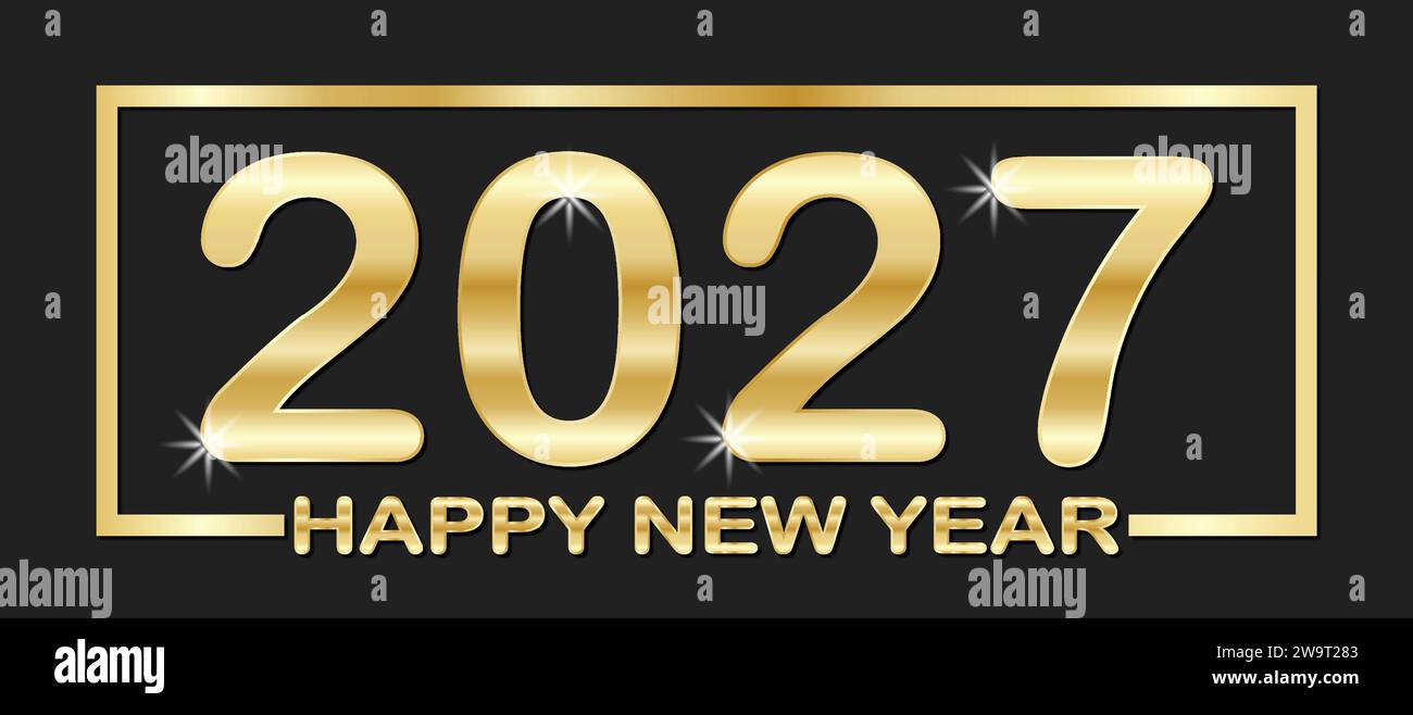 2027 Happy New Year. Vector illustration with gold numbers on black background Stock Vector