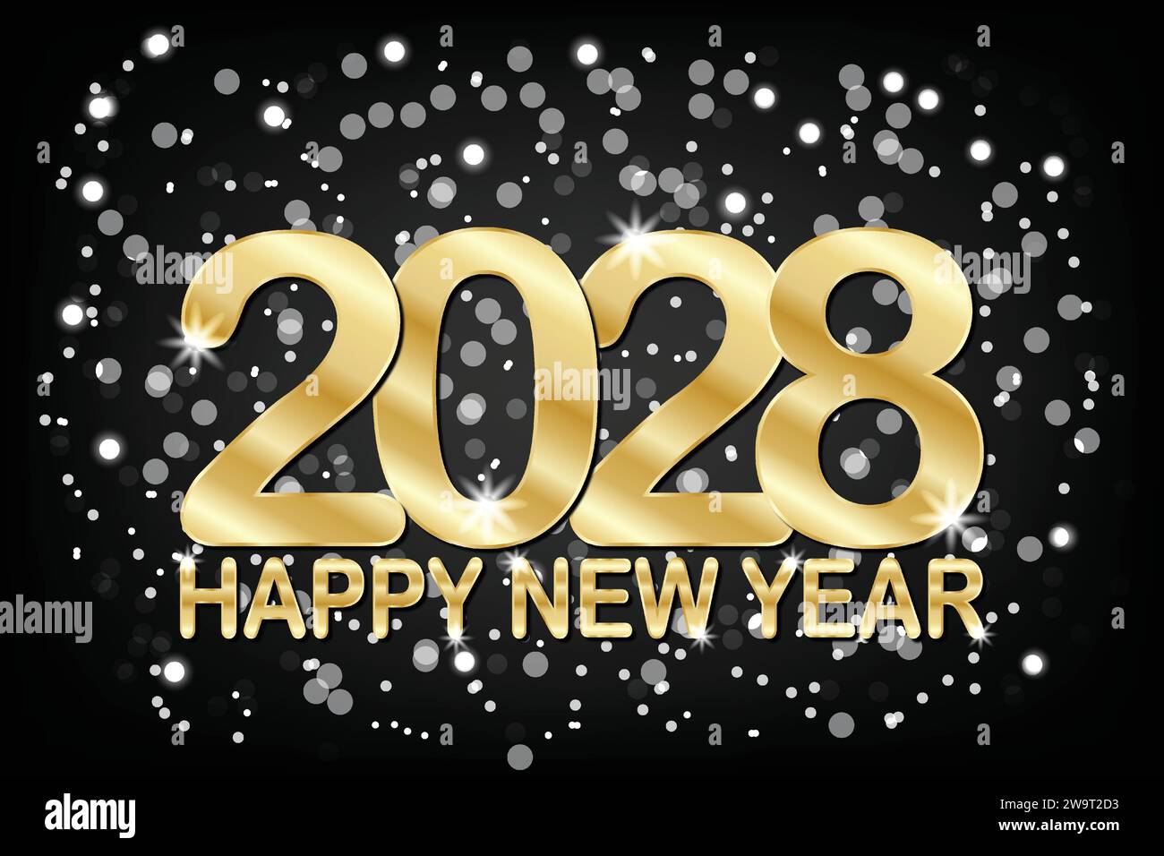 2028 Happy New Year. Greeting card with golden numbers on black background. Vector illustration Stock Vector