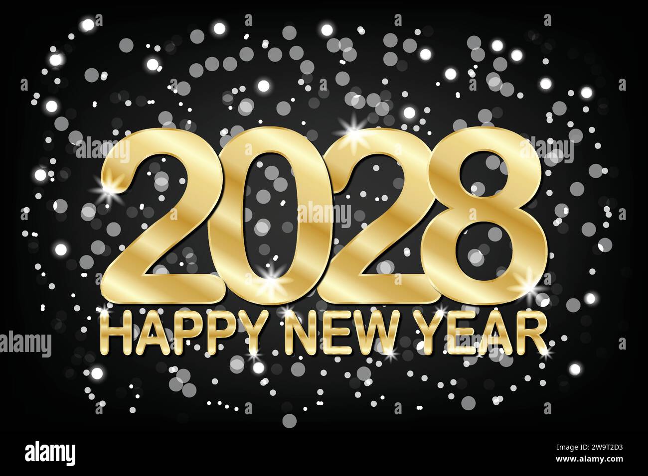 2028 Happy New Year. Greeting card with golden numbers on black