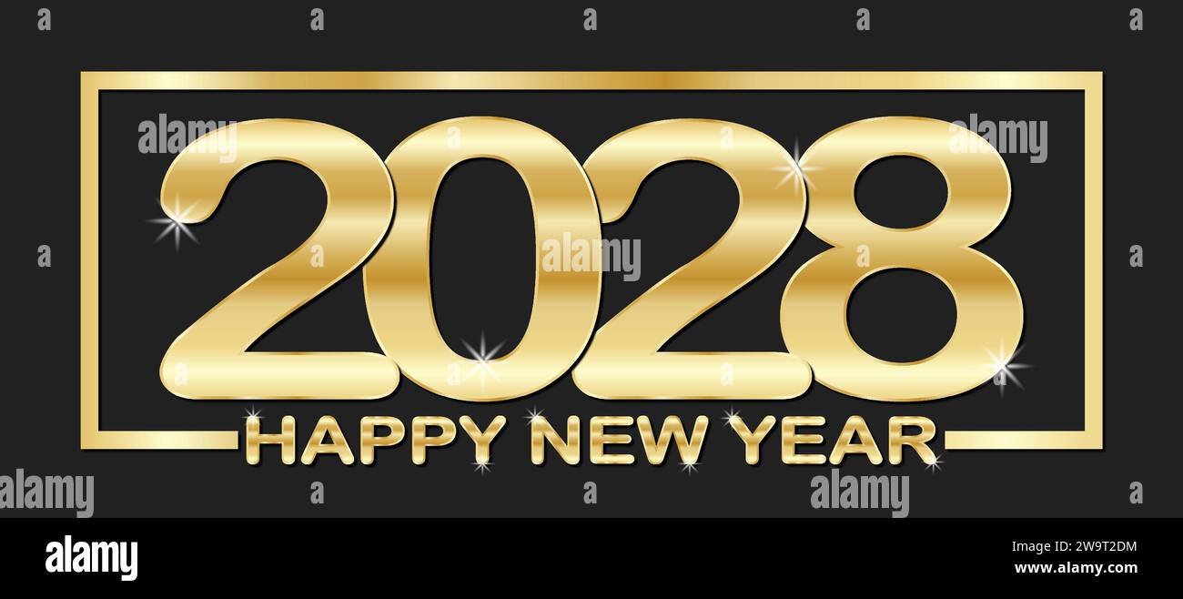 2028 Happy New Year Greeting Card. Golden New Year Numbers on Black Background. Vector Illustration Stock Vector