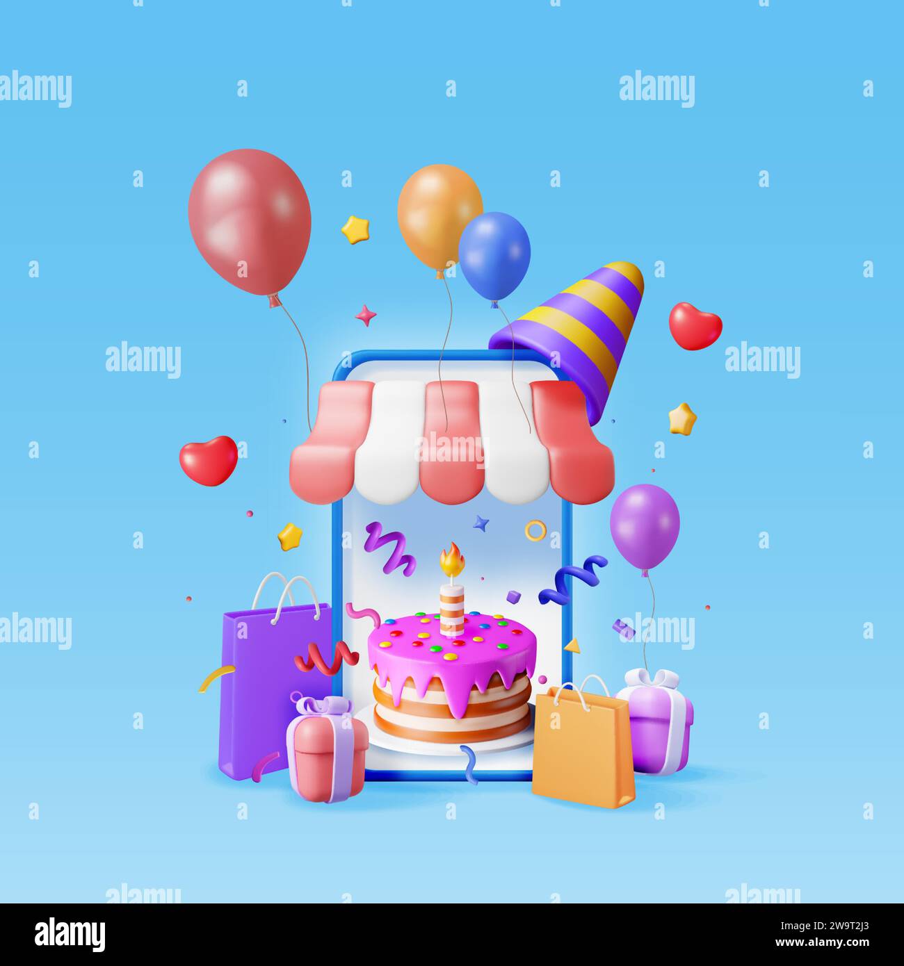 3D Smartphone with Cake, Gift Box and Confetti. Stock Vector