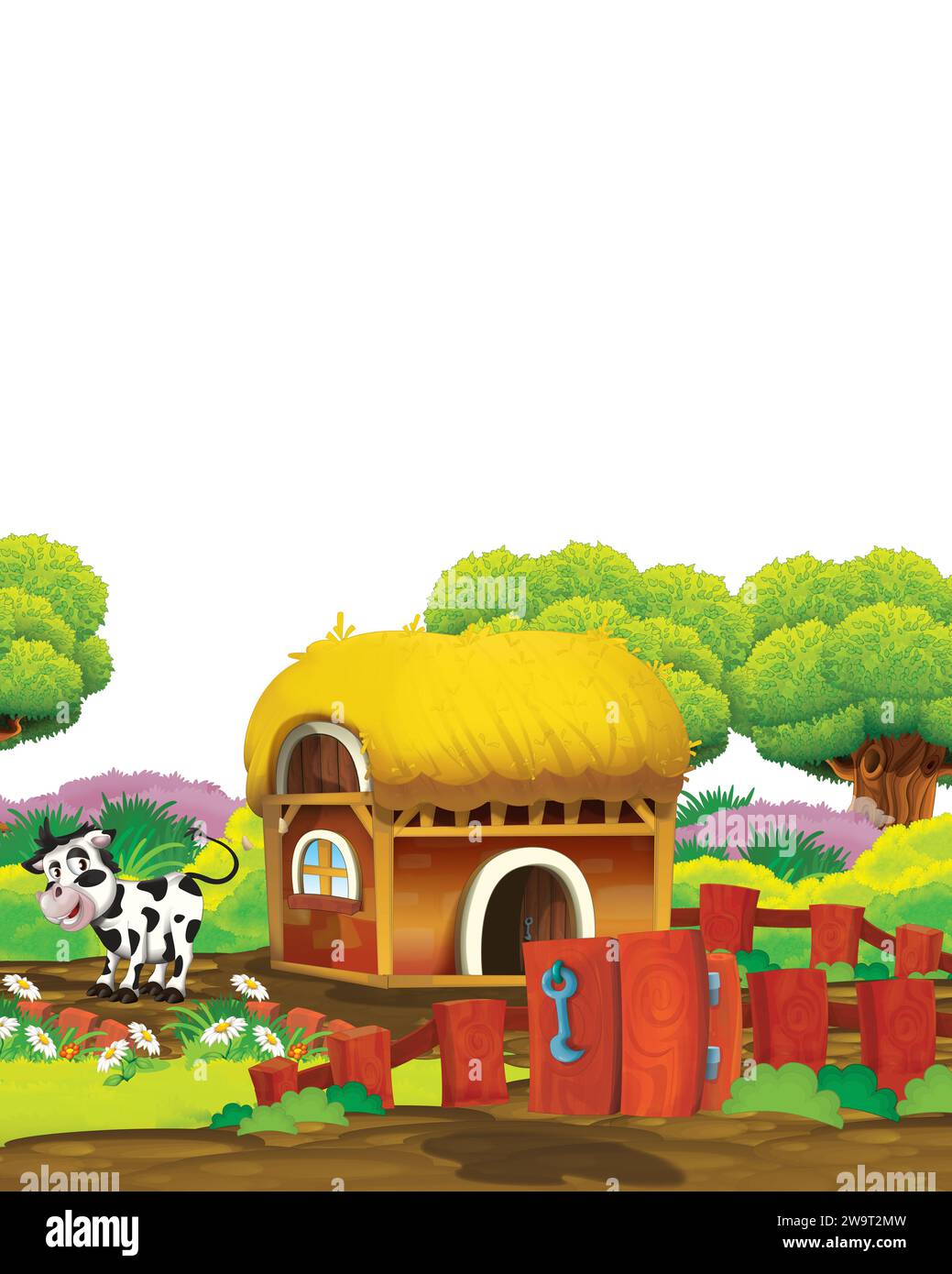 cartoon scene with cow on a farm ranch having fun on white background ...