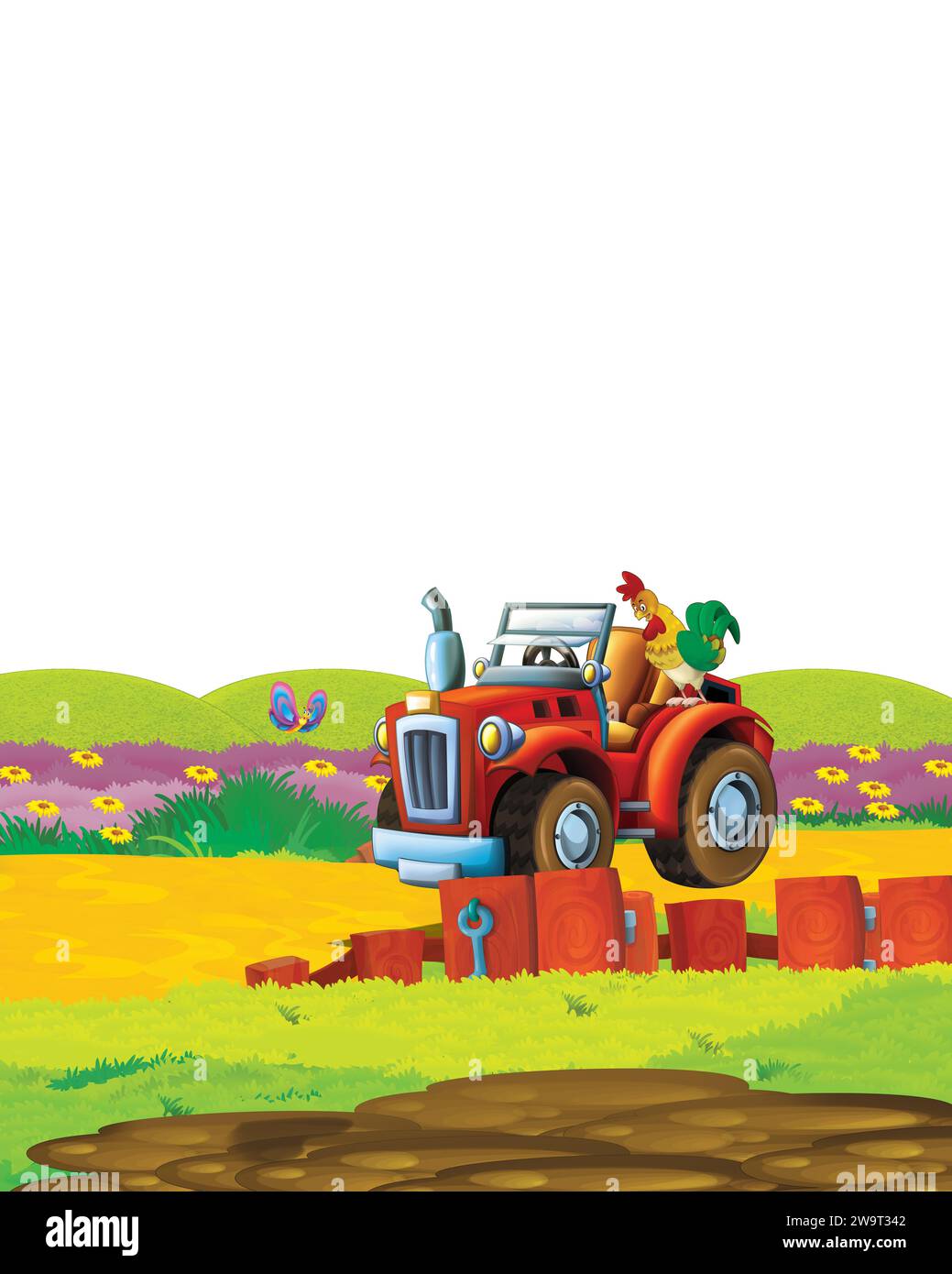 Cartoon farm scene with animal chicken bird having fun on white ...