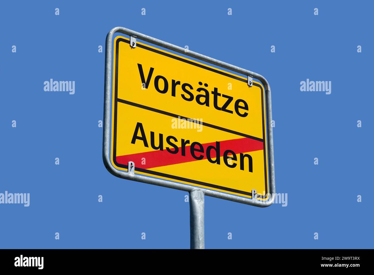 Ortsschild mit Vorsätze und Ausreden Ortsschild mit Vorsätze und Ausreden, 30.12.2023, Borkwalde, Brandenburg, Auf einem Ortsschild stehen die Schriftzüge Vorsätze und Ausreden. *** Place name sign with prefixes and excuses Place name sign with prefixes and excuses, 30 12 2023, Borkwalde, Brandenburg, On a place name sign are the words prefixes and excuses Stock Photo