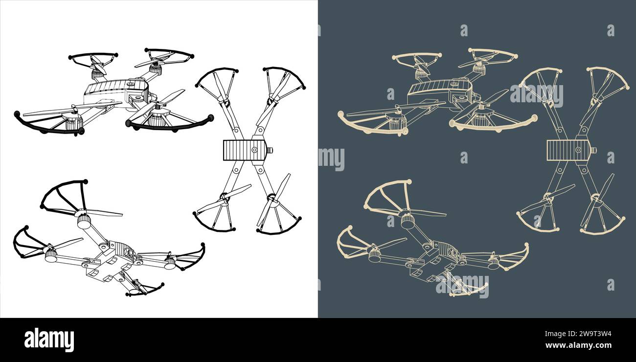 Vector drone or quadcopter line wireframe blueprint Stock Vector