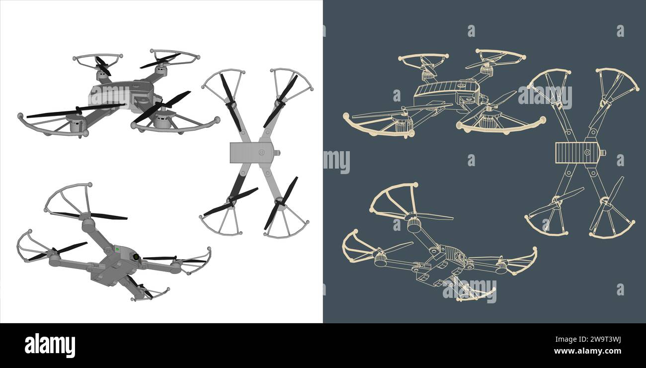 Vector drone or quadcopter line wireframe blueprint Stock Vector