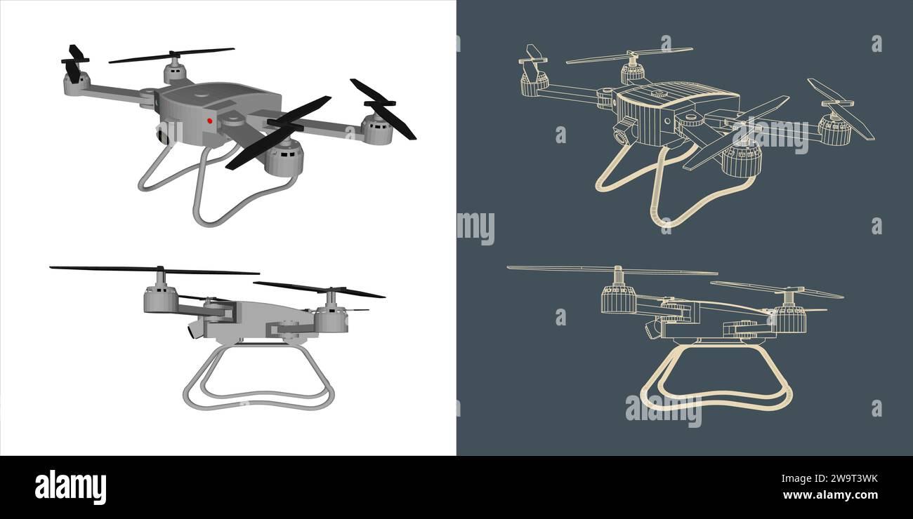 Vector drone or quadcopter line wireframe blueprint Stock Vector