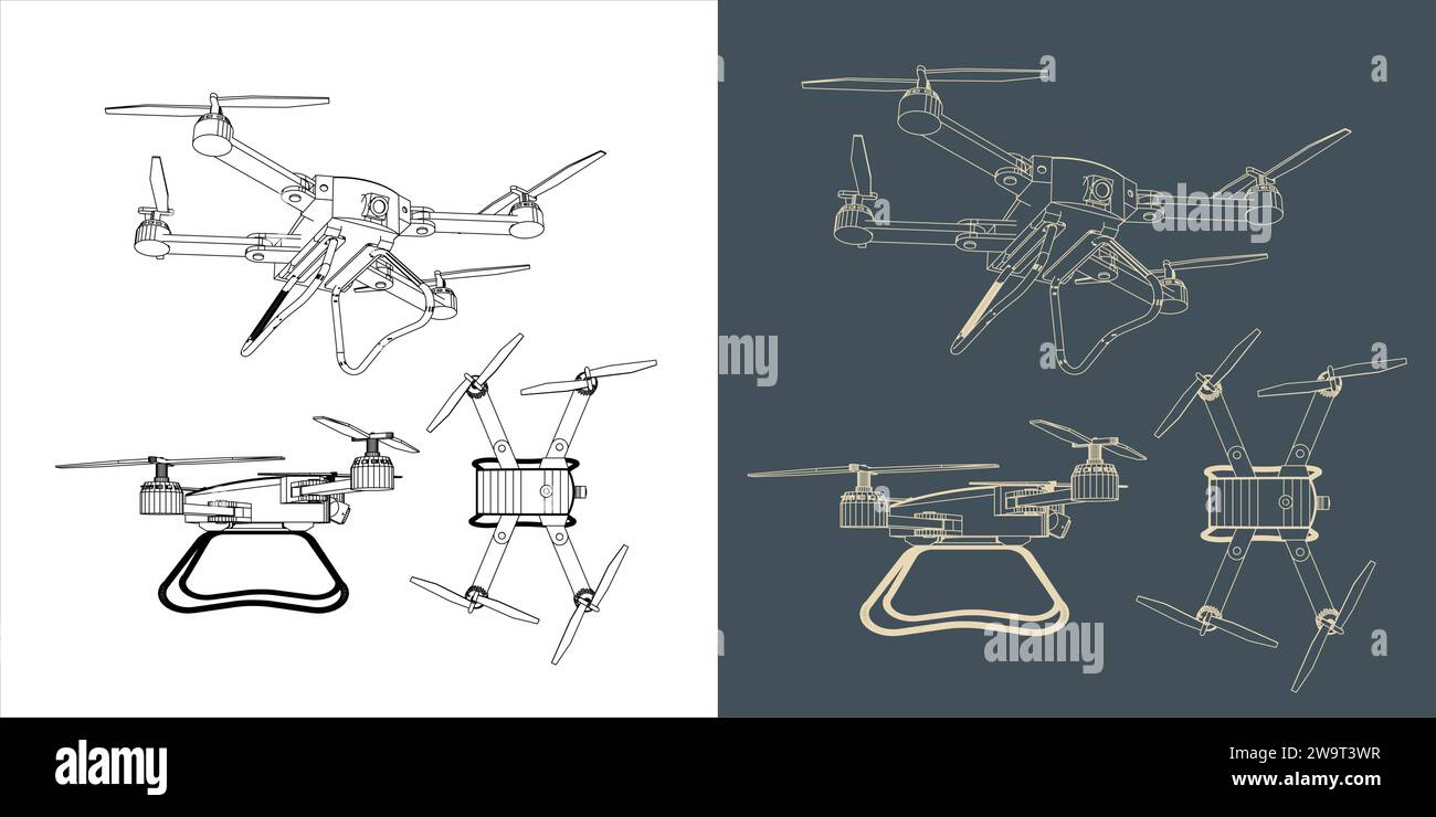 Vector drone or quadcopter line wireframe blueprint Stock Vector