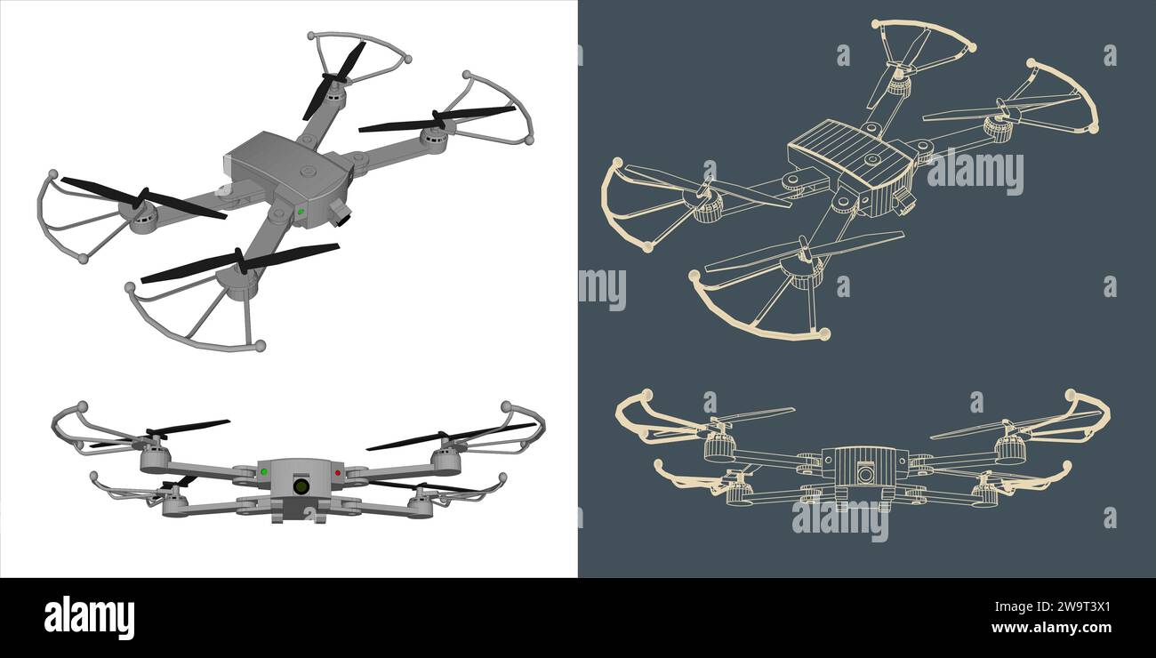 Vector drone or quadcopter line wireframe blueprint Stock Vector