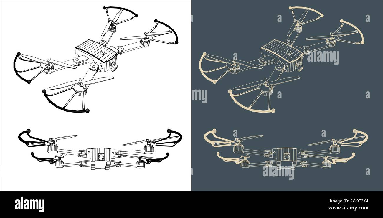 Vector drone or quadcopter line wireframe blueprint Stock Vector