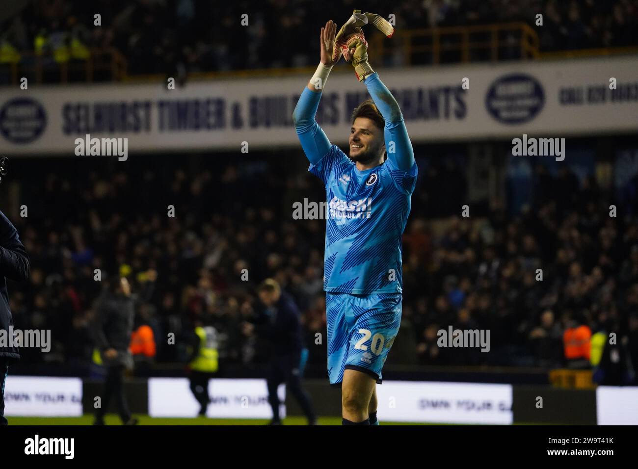 LONDON, ENGLAND - DECEMBER 29: Matija Šarkić of Millwall clapping the fans after the Sky Bet Championship match between Millwall and Norwich City at The Den on December 29, 2023 in London, England. (Photo by Dylan Hepworth/MB Media) Stock Photo