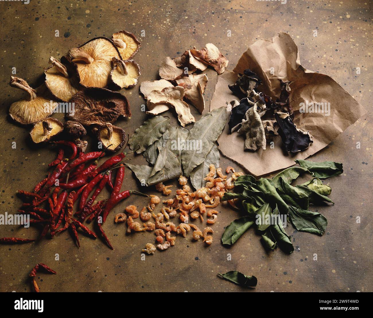 Dried Mushrooms, Chilis and Leaves on brown background Stock Photo