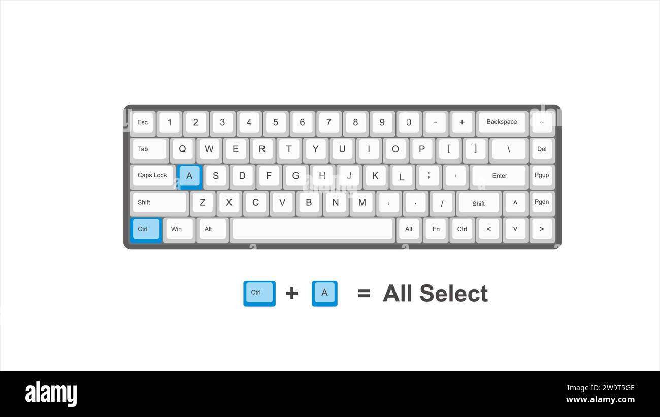 vector control CTRL A All select - keyboard shortcuts - windows with keyboard white and blue illustration and transparent background isolated Stock Vector
