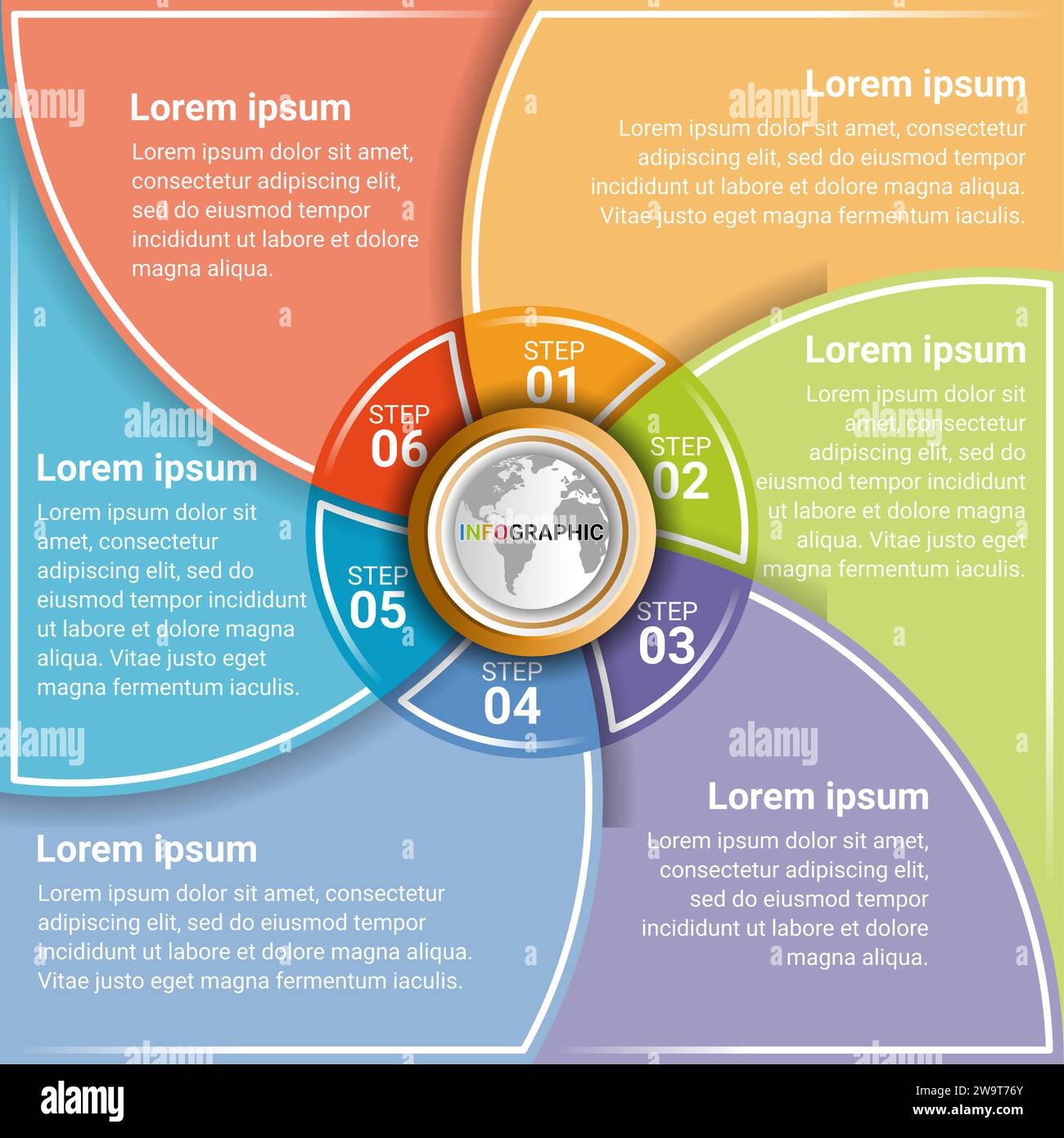 Infographic timeline design template for an 6-step geometric curve with a diagram, flowcharts, and actions for launching a business. Stock Vector