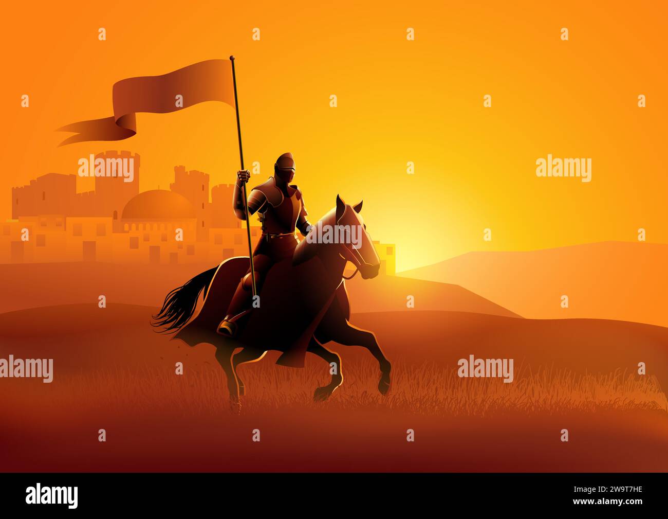 Vector silhouette of a medieval knight on horse carrying a flag on dramatic scene Stock Vector