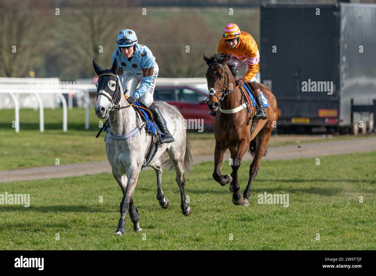 What a Pleasure, ridden by David Noonan, followed by Name in Lights, ridden by Brendan Powell, canter to the start of race 4 at Wincanton Stock Photo