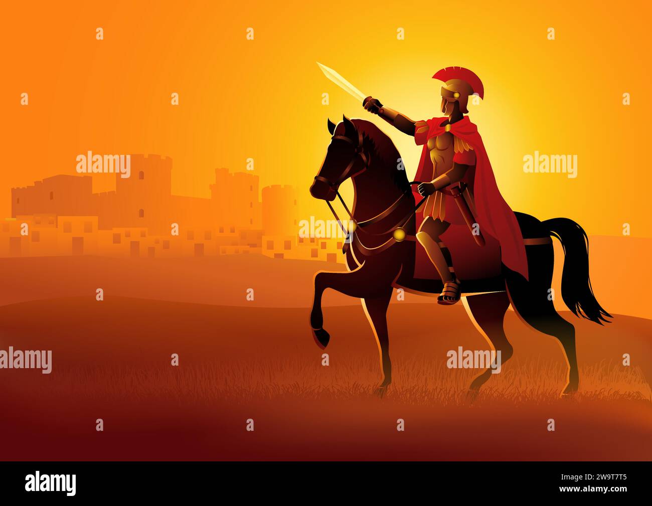 Vector illustration of Gaius Julius Caesar on horseback get ready to conquer a city Stock Vector