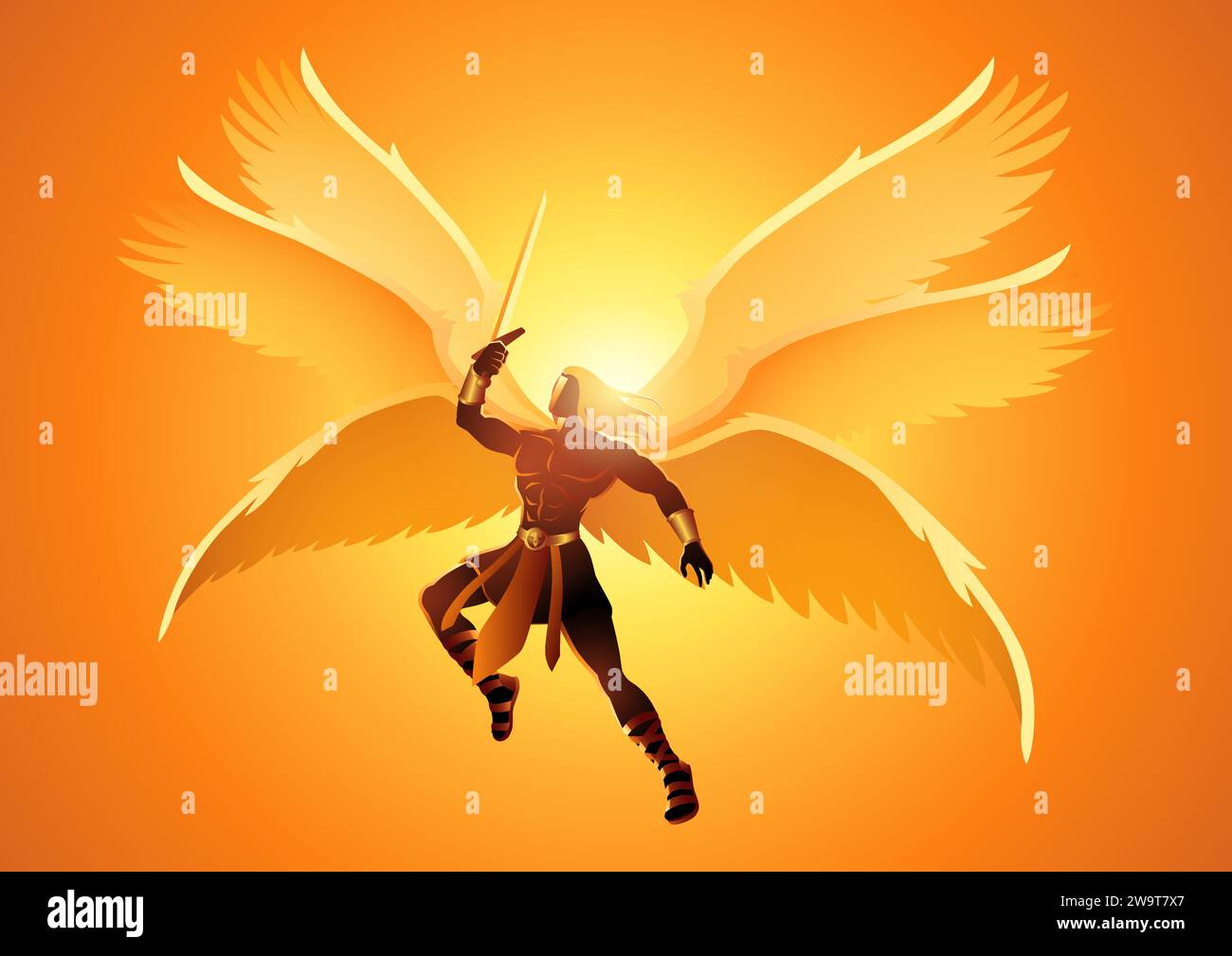 Fantasy art illustration of Michael the Archangel with six wings holding a sword Stock Vector