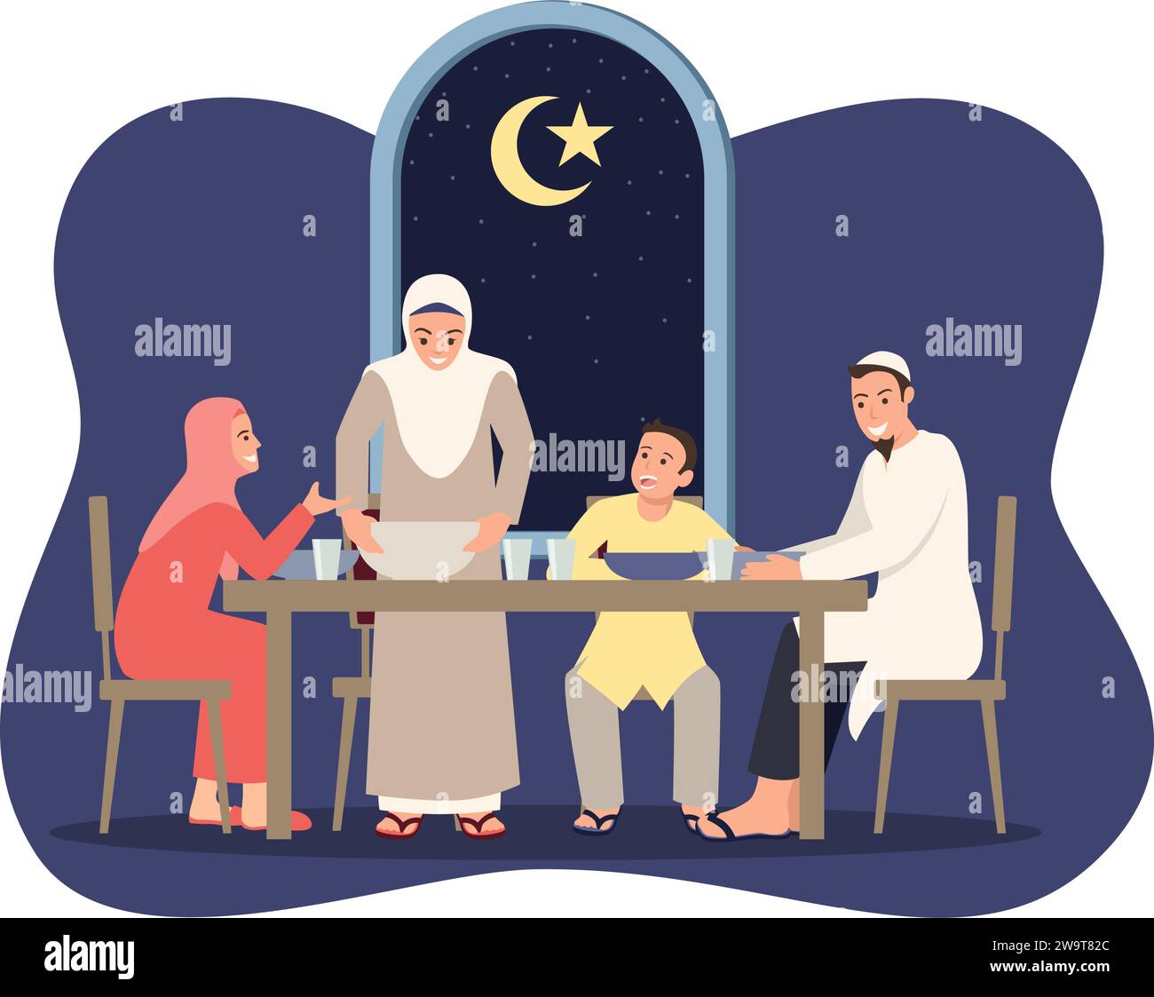 Simple flat vector illustration of Suhoor and Iftar with family during Ramadan month, happy fasting for moslem, Ramadan kareem and Eid Mubarak Stock Vector