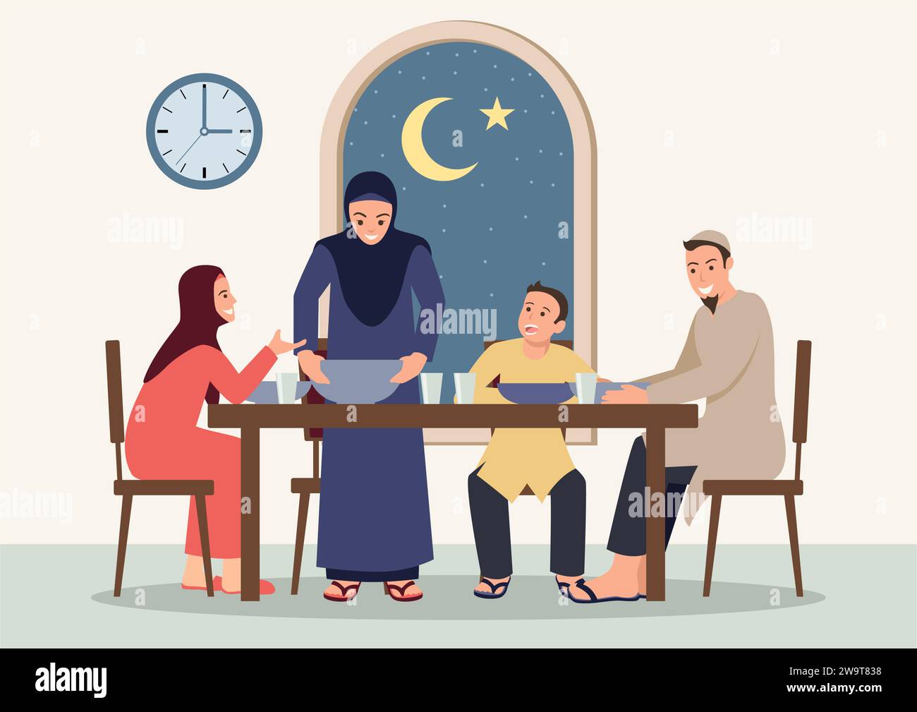 Simple flat vector illustration of Suhoor and Iftar with family during Ramadan month, happy fasting for moslem, Ramadan kareem and Eid Mubarak Stock Vector
