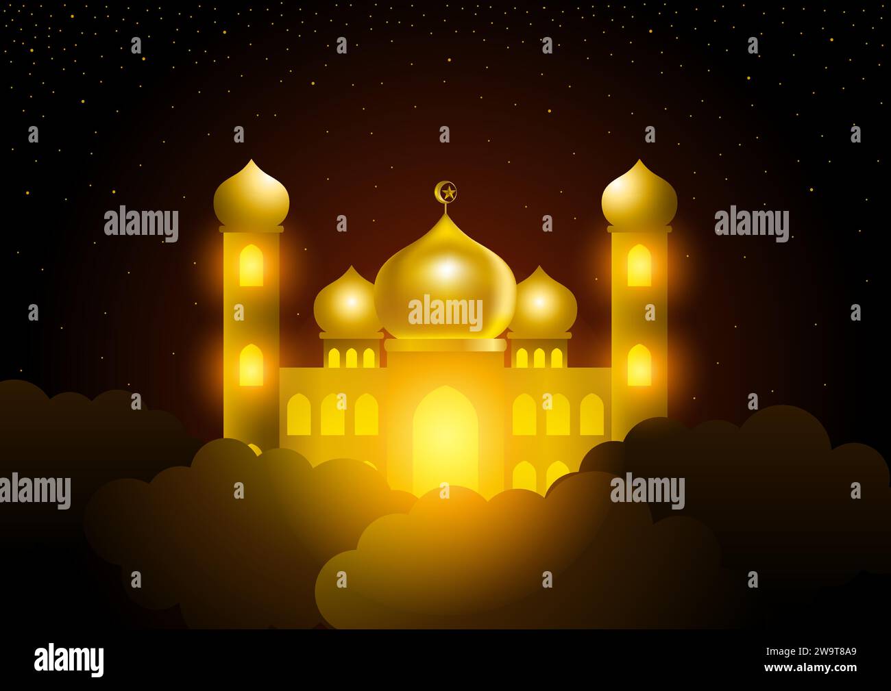 Glowing mosque on the sky, Islamic theme, Ramadan greeting card vector illustration Stock Vector