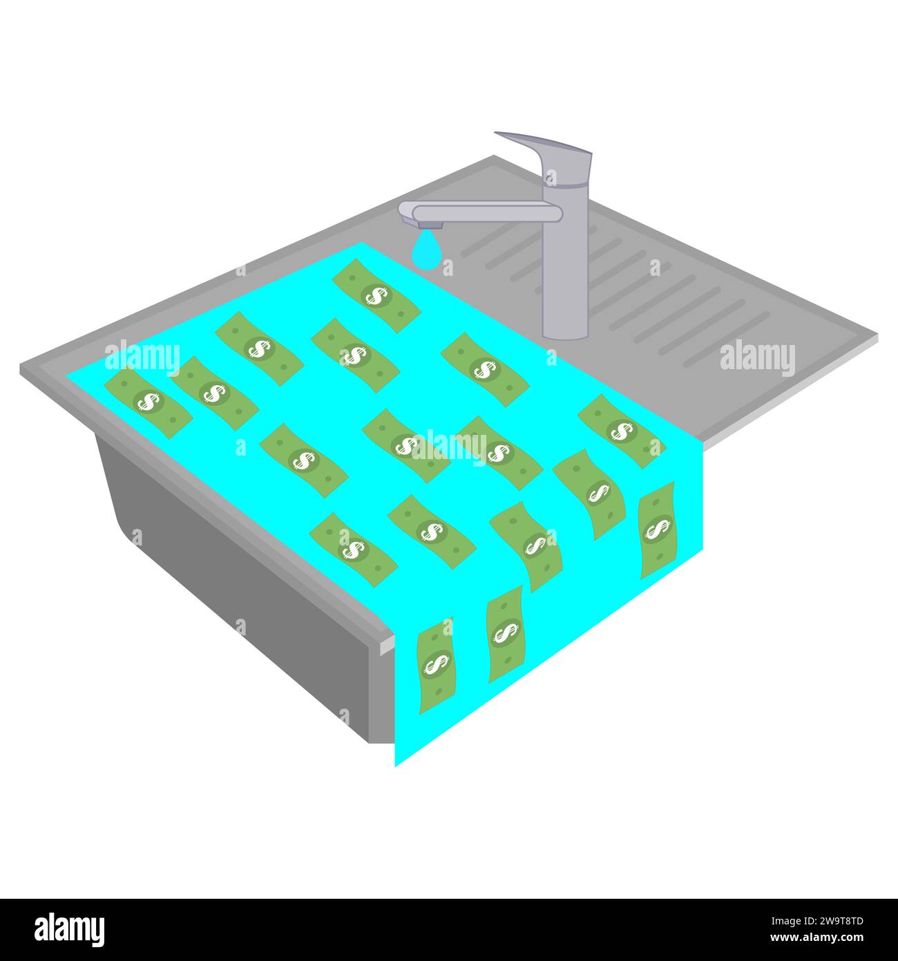 Kitchen sink with water and money. Dripping water from a faucet