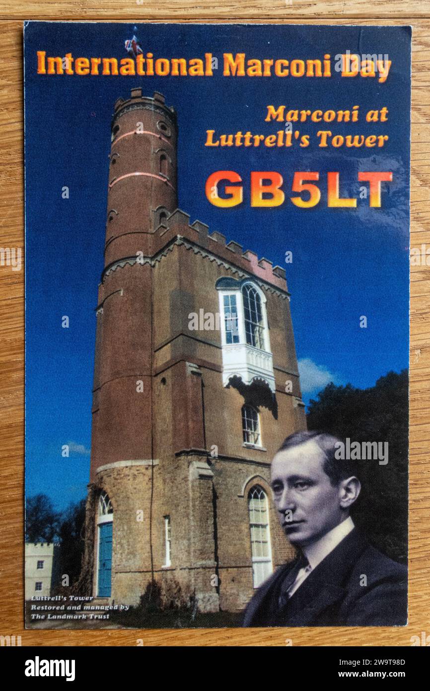 An amateur radio or ham radio QSL postcard with call sign, from International Marconi Day at Luttrell's Tower special event in 2014, England, UK Stock Photo