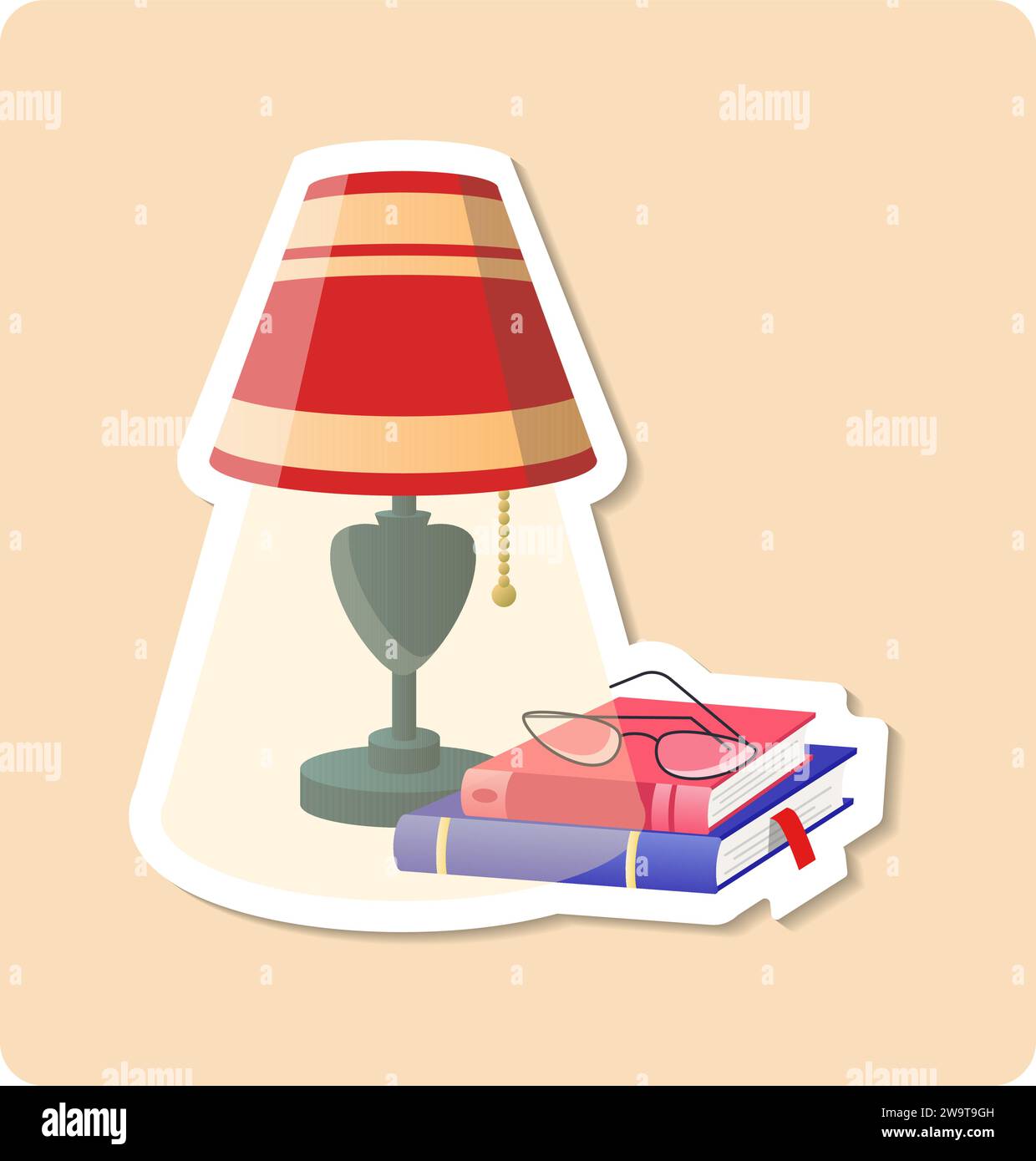 Bed Lamp sticker illustration. Lamp, books, light, glasses. Editable