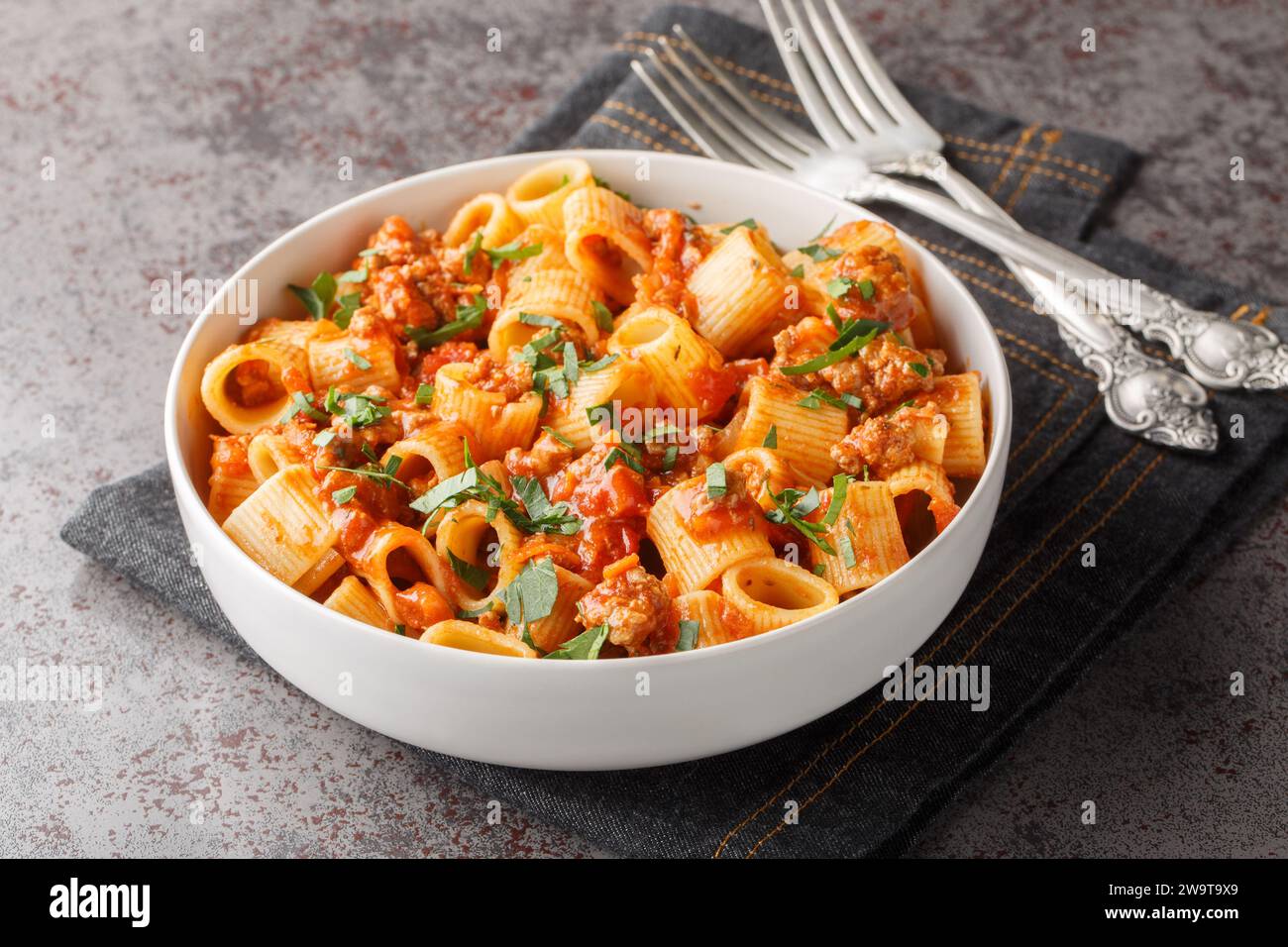 Pasta mezze maniche cooked with meat Bolognese sauce close-up in a plate on the table. Horizontal Stock Photo