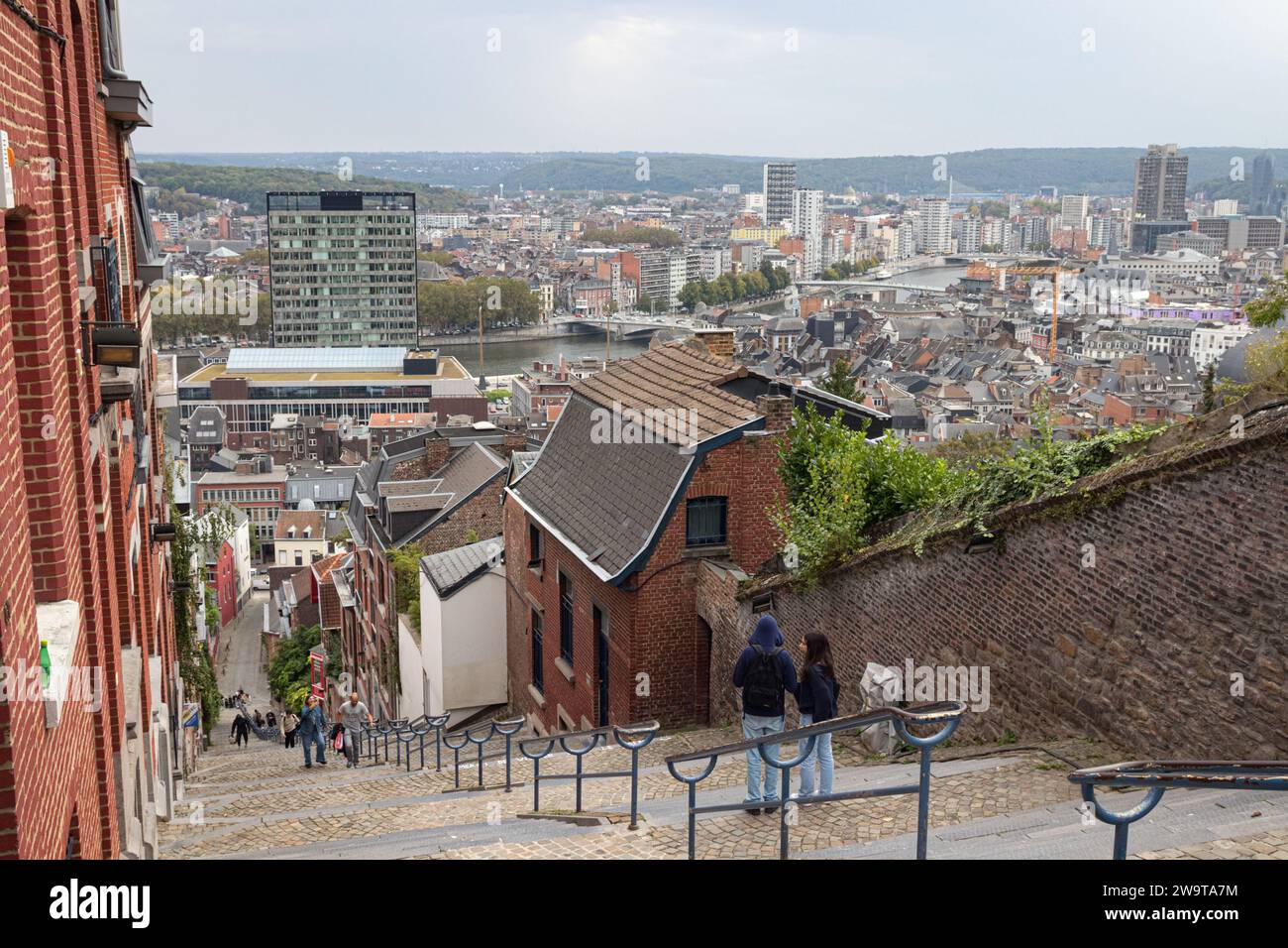 Tourists at the Montagne de Bueren, a 374-step staircase in Liege. Wallonia, Belgium. Stock Photo