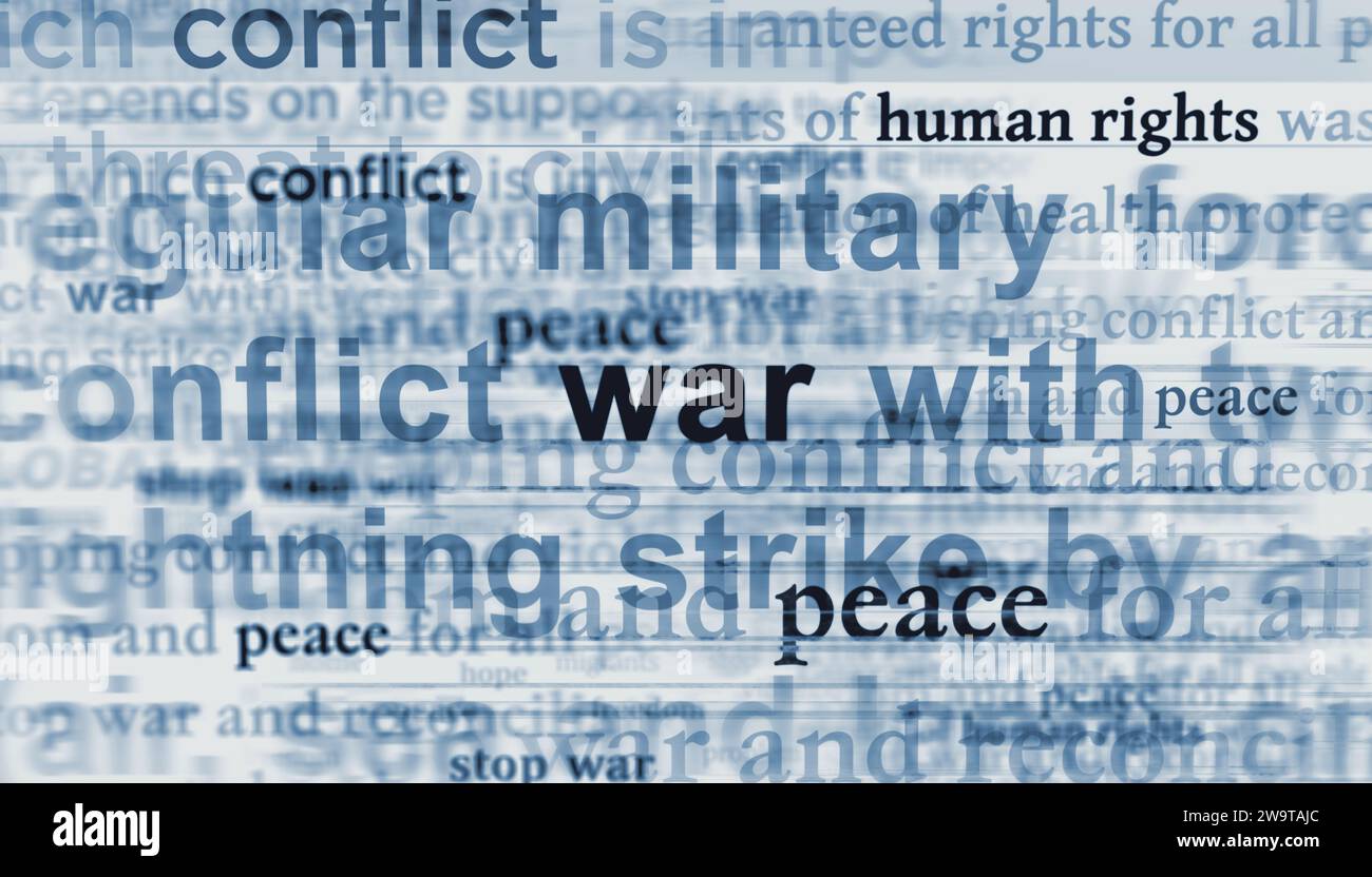War conflict peace stop and human rights. Headline news titles international media abstract concept  3d illustration. Stock Photo