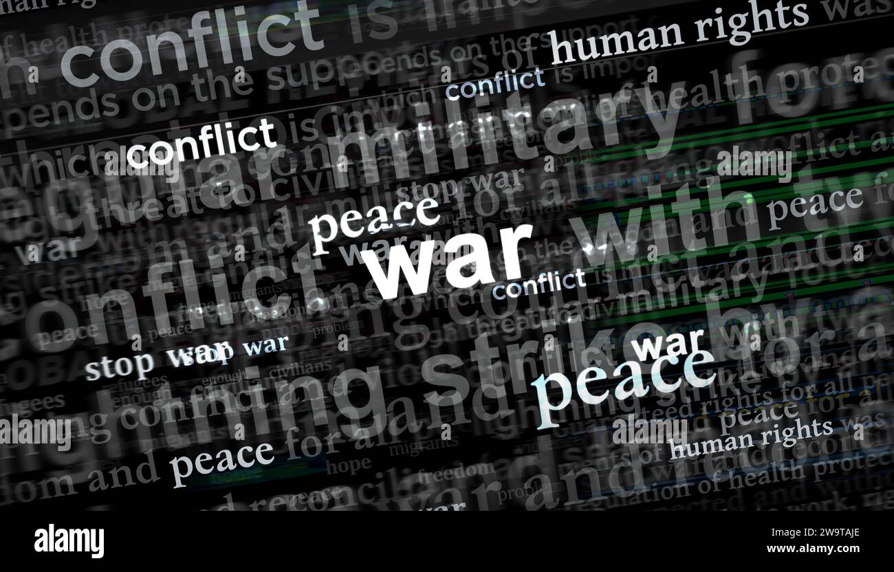 War conflict peace stop and human rights. Headline news titles international media abstract concept  3d illustration. Stock Photo