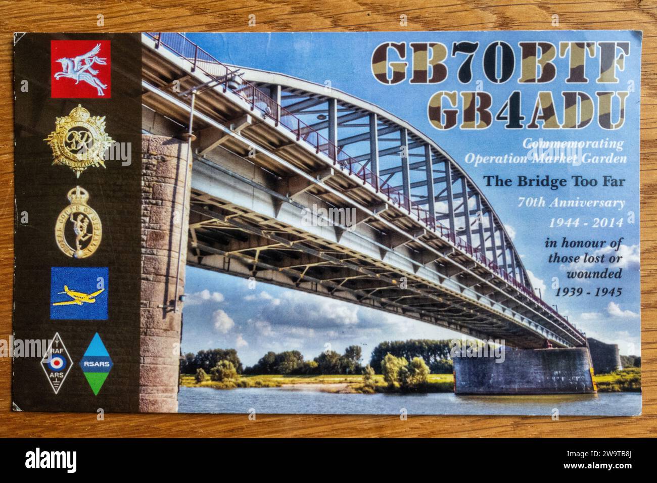 Amateur radio or ham radio QSL postcard with call sign, from special event to celebrate the 70th Anniversary of Operation Market Garden, 2014, UK Stock Photo