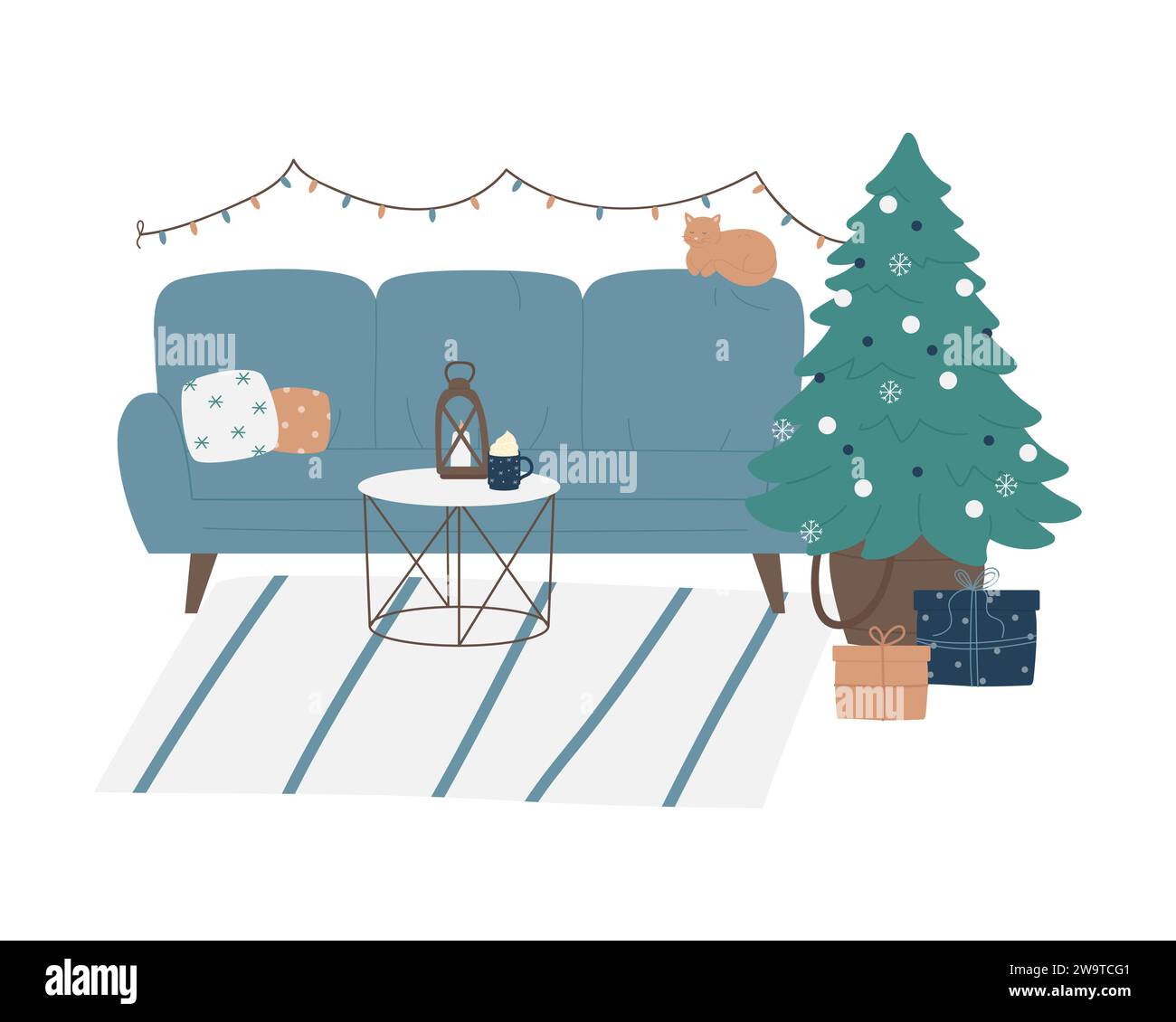 Cozy Christmas living room interior. Xmas tree and holiday decorations