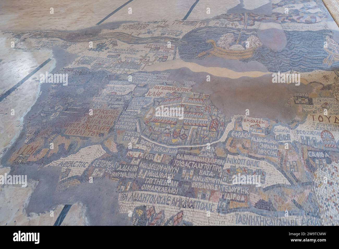 The mosaic map depicts part of the Middle East and contains the oldest surviving original cartographic depiction of the Holy Land Stock Photo