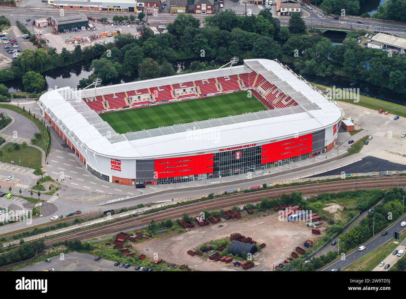 Aerial view of AESSEAL NEW YORK Stadium, Rotherham United Stock Photo