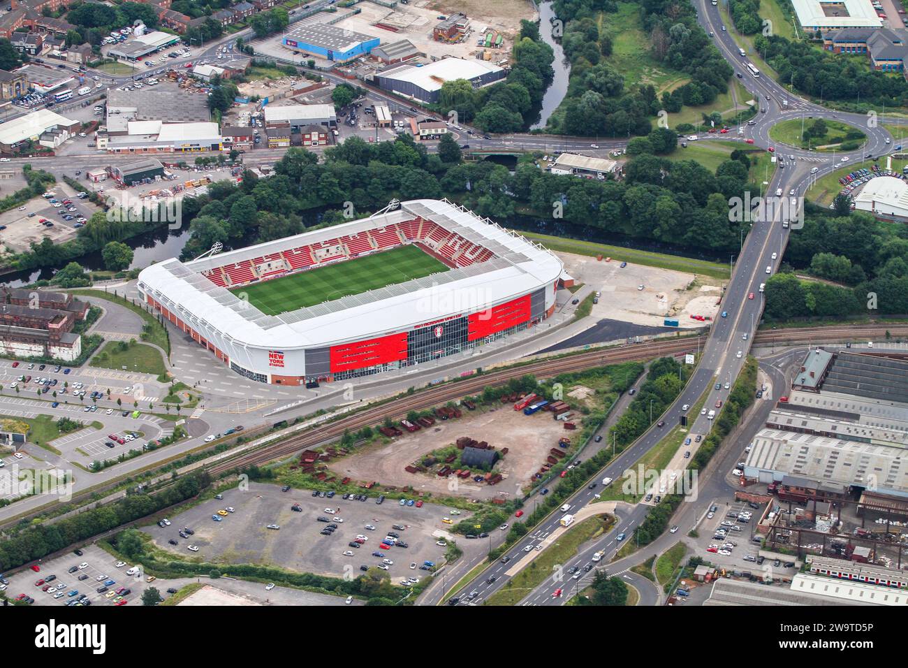 Aerial view of AESSEAL NEW YORK Stadium, Rotherham United Stock Photo