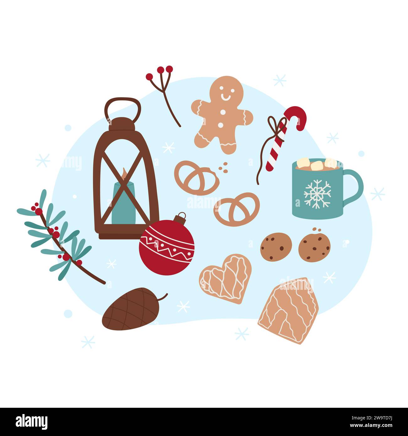 Christmas gingerbread cookies and warm drink. Winter xmas decorations