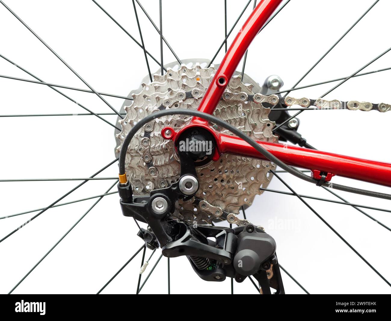 Bicycle cassette and rear derailleur on white background Stock Photo