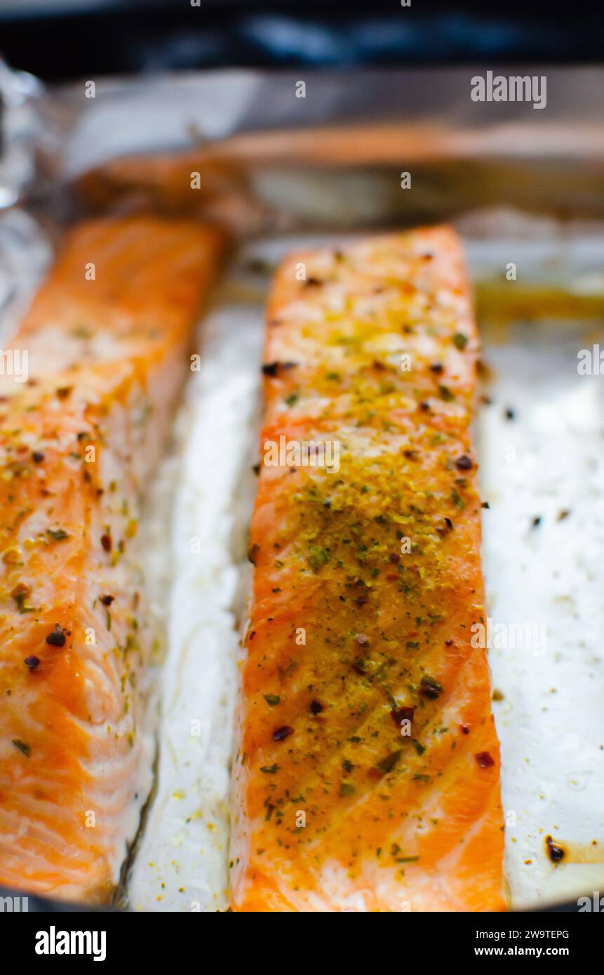 Salmon steaks homemade oven roasted seasoned, fillet with olive oil on