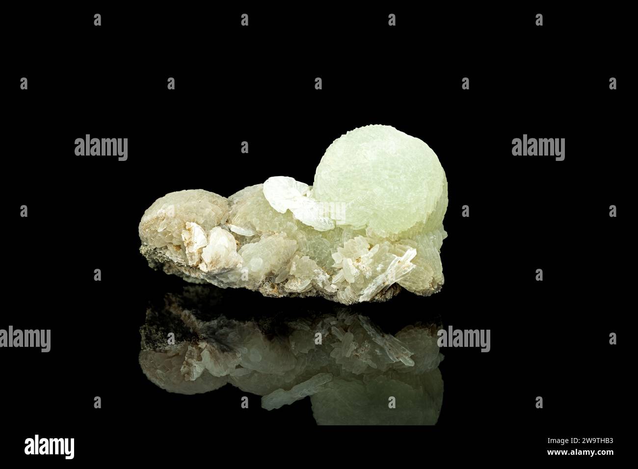 Prehnite crystals isolated on black background. macro detail close-up rough raw unpolished semi-precious gemstone Stock Photo