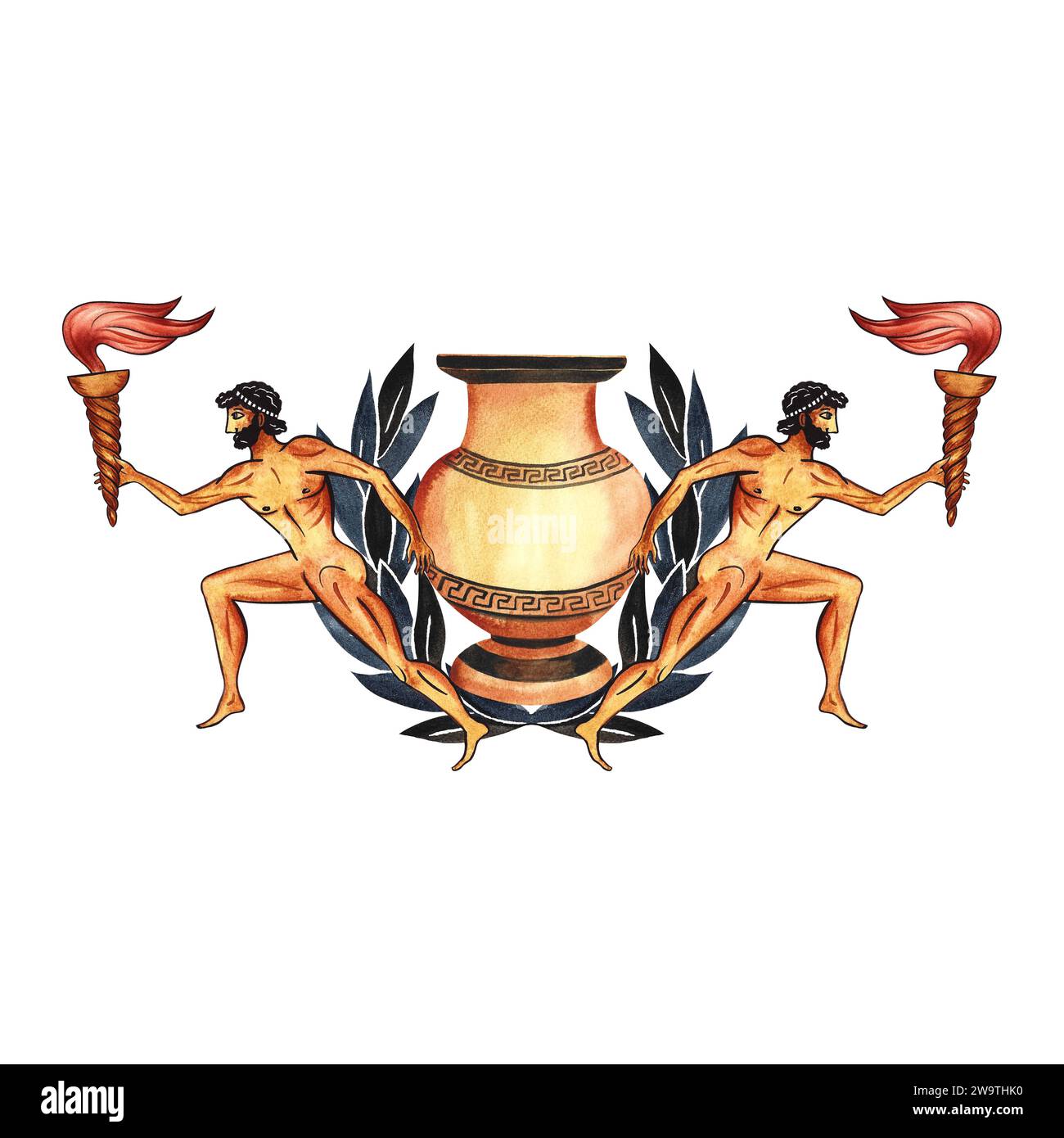 A composition with ancient Greek elements and athletes with a torch. An
